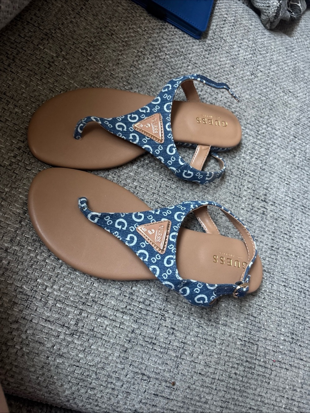 Guess Blue Logo T-Strap Sandals with Tan Footbed
